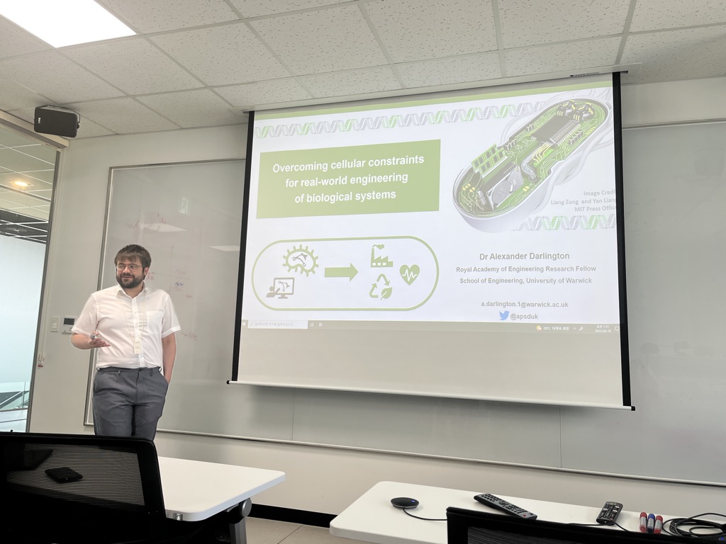 Alexander Darlington gave a talk titled “Design frameworks for engineering efficient cell factory performance within host and industrial constraints” at the IBS Biomedical Mathematics Seminar