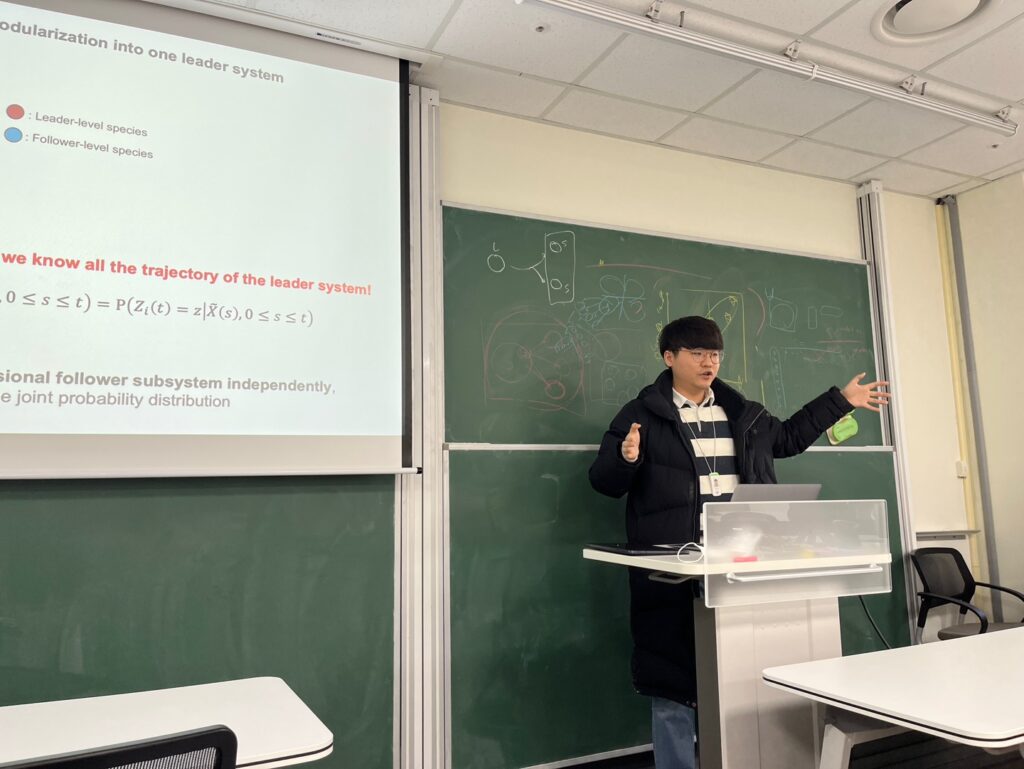 Yun Min Song gave a talk on “A scalable approach for solving chemical master equations based on modularization and filtering” at the Journal Club