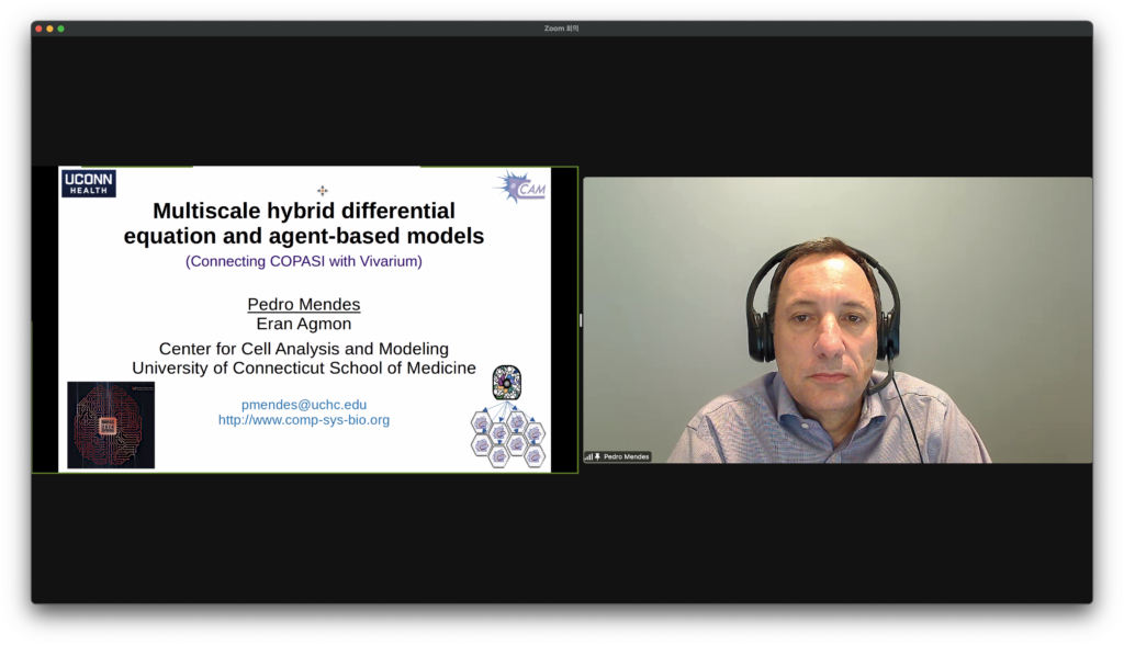 Pedro Mendes gave an online talk titled “Multiscale hybrid differential equation and agent-based models” at the IBS Biomedical Mathematics Colloquium.