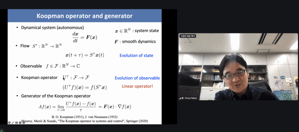 Hiroya Nakao gave an online talk titled “Koopman operator approach to complex rhythmic systems” at the IBS Biomedical Mathematics Colloquium.