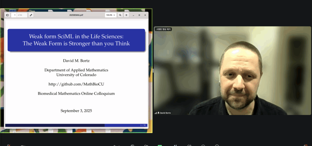 David Bortz gave an online talk titled “Weak form SciML in the Life Sciences: The Weak Form is Stronger than you Think” at the IBS Biomedical Mathematics Colloquium.