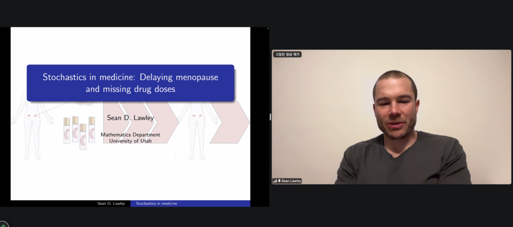 Sean Lawley gave an online talk titled “Stochastics in medicine: Delaying menopause and missing drug doses” at the IBS Biomedical Mathematics Colloquium.