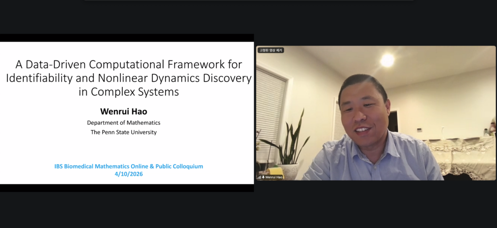Wenrui Hao gave an online talk titled “A Data-Driven Computational Framework for Identifiability and Nonlinear Dynamics Discovery in Complex Systems” at the IBS Biomedical Mathematics Colloquium.