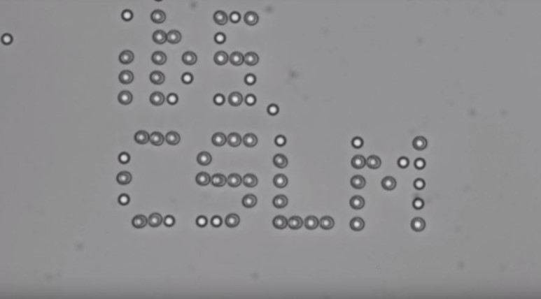 IBS 첨단연성물질 연구단이 홀로그래픽 광학집게를 이용해 만든 ‘ibs.CSLM'문구. 문구에 나타난 점들은 2마이크로미터 크기의 폴리스티렌 입자다. (사진 : IBS 유튜브 캡처)
