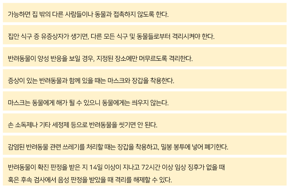 코로나19 팬데믹 상황에서 반려인들을 위한 CDC의 권고사항 7가지를 나타내는 이미지.

                가능하면 집 밖의 다른 사람들이나 동물과 접촉하지 않도록 한다.
                집안 식구 증 유증상자가 생기면, 다른 모든 식구 및 동물들로부터 격리시켜야 한다.
                반려동물이 양성 반응을 보일 경우, 지정된 장소에만 머무르도록 격리한다.
                증상이 있는 반려동물과 함께 있을 때는 마스크와 장갑을 착용한다.
                마스크는 동물에게 해가 될 수 있으니 동물에게는 씌우지 않는다.
                손 소독제나 기타 세정제 등으로 반려동물을 씻기면 안 된다.
                감염된 반려동물 관련 쓰레기를 처리할 때는 장갑을 착용하고, 밀봉 봉투에 넣어 폐기한다.
                반려동물이 확진 판정을 받은 지 14일 이상이 지나고 72 시간 이상 임상 징후가 없을 때 혹은 후속 검사에서 음성 판정을 받았을 때 격리를 해제할 수 있다.