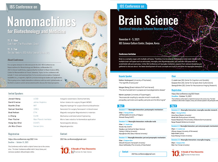 좌측에는 IBS 뇌과학 콘퍼런스 포스터, 우측에는 IBS 생명공학과 의학을 위한 나노머신 콘퍼런스 포스터 이미지