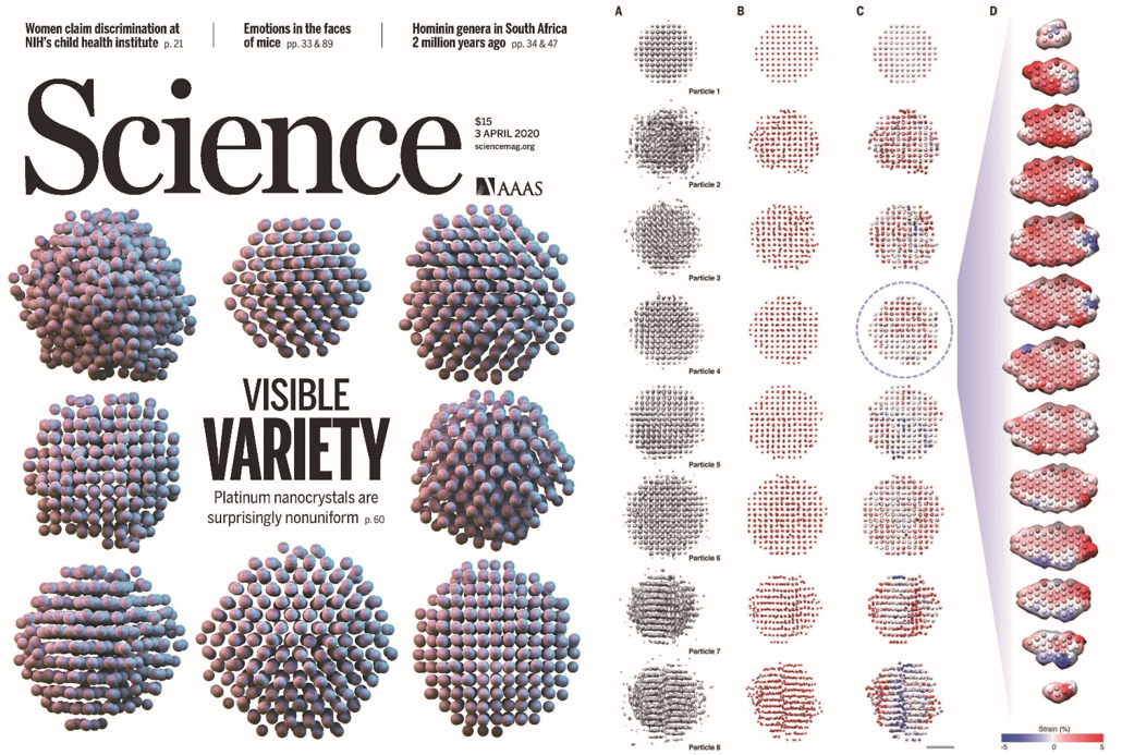 (Left) The cover of 2020 April 3rd issue of ‘Science’. The title of the article is ‘Visible Variety’.
            (Right) 8 particles were observed from top to bottom. (A) An atomic density map showing the probability that an atom will be found. (B) A map of individually tracked position information of atoms. (C) A three-dimensional map showing the atomic property index that the research team obtained through calculation. (D) The characteristic three-dimensional map of a single particle, which was spread out in several planes and displayed separately.
            