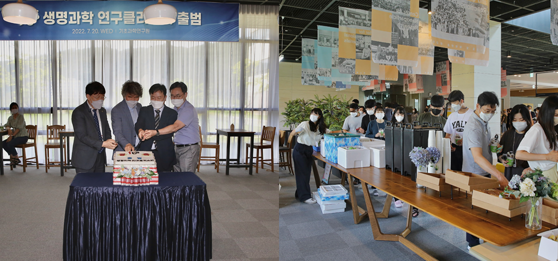 좌) 떡케이크 컷팅식 (왼쪽부터 노도영 IBS 원장, 이창준 생명과학 연구클러스터 소장, 최영기 한국바이러스기초연구소장, 하성도 IBS 부원장)
            우) 행사 전경