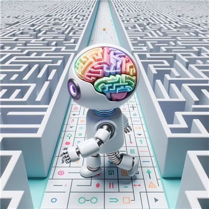 [그림2] AI 기억 통합의 미로: 트랜스포머 모델의 뇌과학적 도전
            뇌를 탑재한 AI가 복잡한 미로의 중심에서 이 미로 안으로 들어가기 위해 준비하고 있다. 이는 트랜스포머 모델이 인간과 뇌의 연관성을 탐구하며, 뇌의 기억 통합 과정에서 영감을 얻어 자신의 기억을 테스트하려는 과정을 상징한다.
            