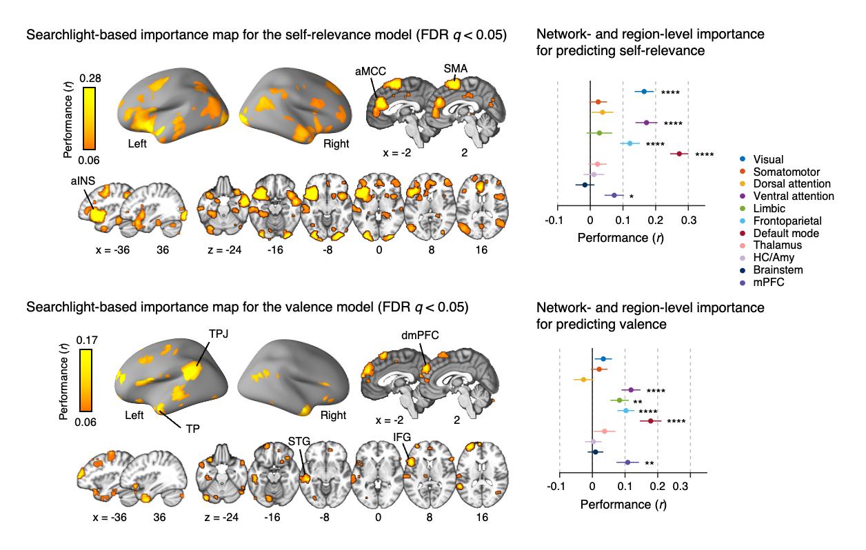 Figure 2. Important features of the self-relevance and valence models (virtual isolation analysis)
            The brain maps shown in the left panel illustrate the results of searchlight-based virtual isolation analysis for the self-relevance (top) and the valence model (bottom). The plots in the right panel show the virtual isolation analysis results for the self-relevance model (top) and the valence model (bottom), incorporating large-scale networks and selected ROIs. Each colored dot represents the prediction-outcome correlations for each network or region with bootstrap tests of 10,000 iterations.
            