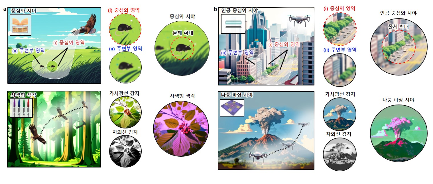 [그림 3] 물체 감지 특화 카메라의 특징 및 응용
                높은 곳에서 생활하는 새의 눈은 물체를 빠르고 정확하게 인식할 수 있도록 진화했다(a). 새 눈 구조를 모방해 개발한 새로운 카메라는 새와 유사한 환경에서 동작하는 드론 등에 응용될 것으로 기대된다(b).
                