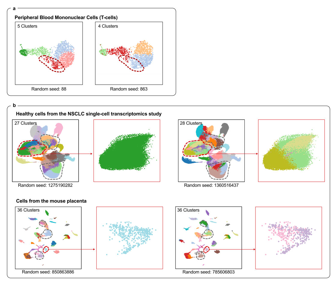 Figure 1. Cell clustering can vary wildly depending on algorithm settings like the random seed — even with the exact same data. scICE automatically detects and removes unstable groupings, giving researchers results they can trust.