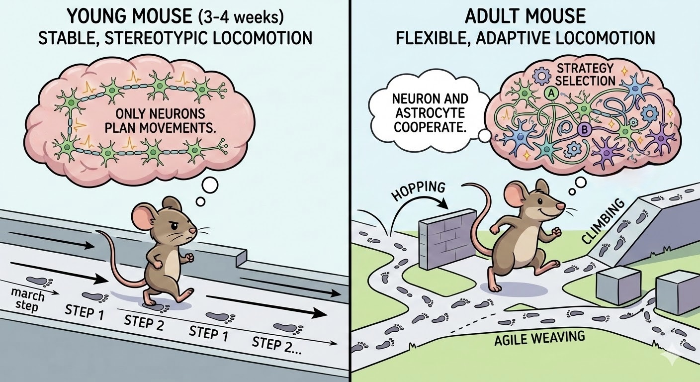 [그림 1] 성장에 따른 소뇌 회로 변화와 운동 협응 차이를 나타낸 개념도