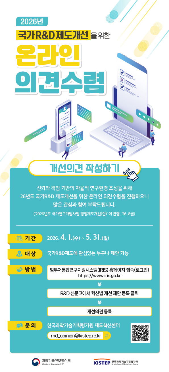 2026년 국가 R&D제도개선을 위한 온라인 의견 수렴 개선의견 작성하기신뢰와 책임 기반의 자율적 연구환경 조성을 위해
26년도 국가R&D 제도개선을 위한 온라인 의견수렴을 진행하오니
많은 관심과 참여 부탁드립니다.
('2026년도 국가연구개발사업 행정제도개선(안)' 에 반영, '26.8월) 기간 2026. 4. 1.(수) ~ 5. 31.(일) 대상 국가R&D제도에 관심있는 누구나 제안 가능 방법 범부처통합연구지원시스템(IRIS) 홈페이지 접속(로그인) https://www.iris.go.kr R&D 신문고에서 혁신법 개선 제안 등록 클릭 개선의견 등록 문의 한국과학기술기획평가원 제도혁신센터 rnd_opinion@kistep.re.kr 과학기술정보통신부 KISTEP 한국과학기술기획평가원