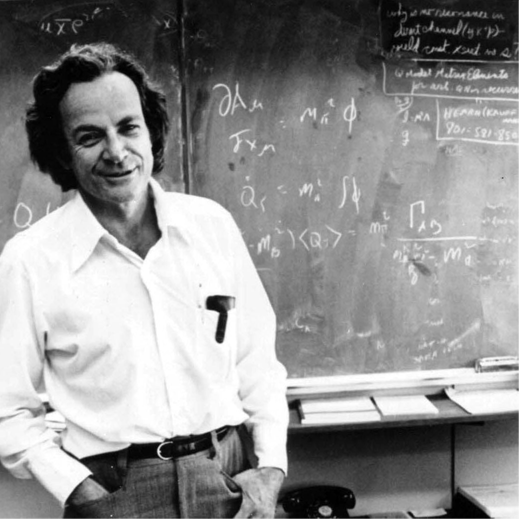 코넬 대학교 강의실에서의 리처드 파인만. 파인만은 1982년의 논문에서 양자컴퓨터의 가능성과 필요성을 제시했다.