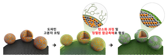 탄소다공체 위 백금과 철 합금 촉매(좌)와 도파민을 도포한 모습(중,우)