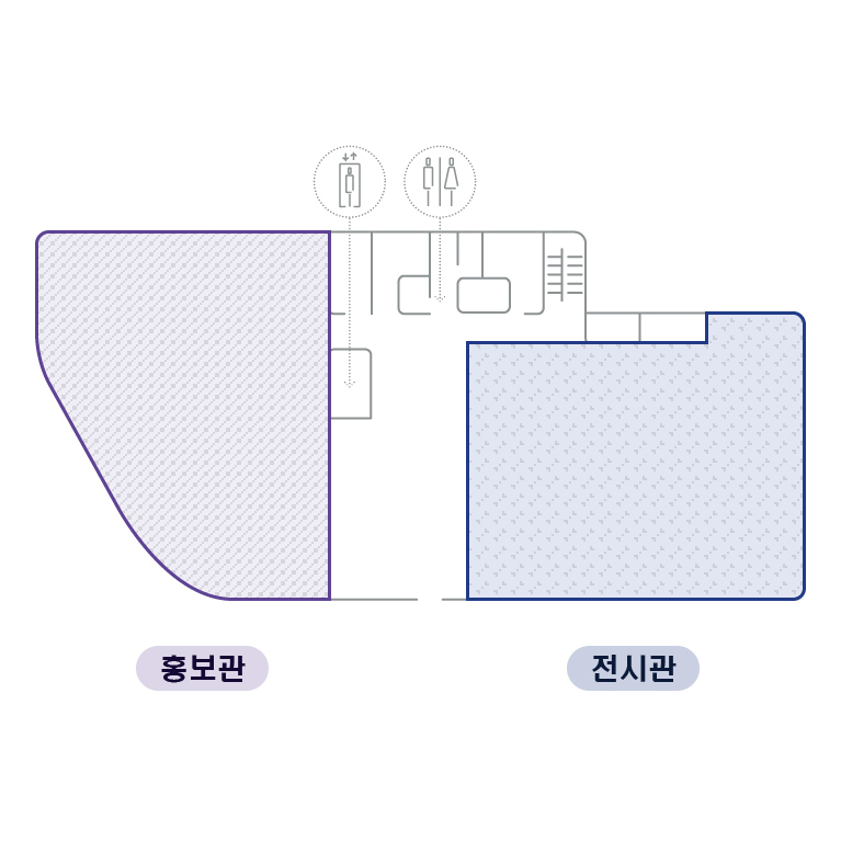 홍보관/전시관 평면도 이미지입니다. 입구에서 좌측으로 홍보관, 입구에서 우측으로는 전시관 입니다.