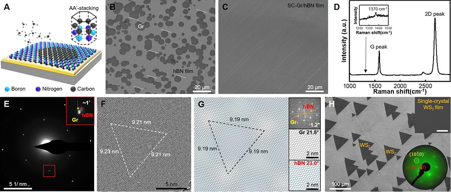 대면적 단결정 질화붕소(hBN)을 기판으로 활용하여 그래핀, WS2와 같은 기타 2차원 소재들의 에피택셜 합성 결과, 동일한 방향으로 정렬되어 합성되는 것이 관찰되었다.