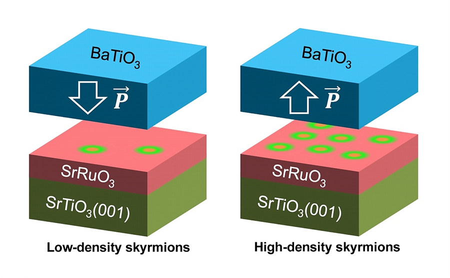 Figure 2: Controlling skyrmions’ density with electric fields. This study measured skyrmions in an ultra-thin material made of a ferromagnetic layer of strontium ruthenate (SrRuO3), overlaid with a ferroelectric layer of barium titanate (BaTiO3) and grown on a strontium titanate (SrTiO3) substrate. BaTiO3 is ferroelectric, meaning that it has a switchable and permanent electric polarization, while SrRuO3 is ferromagnetic below 160 Kelvin (-113 Celsius). At the BaTiO3/SrRuO3 interface, the BaTiO3 ferroelectric polarization swirls the spins in SrRuO3, generating skyrmions. If the researchers flip the direction of polarization in BaTiO3, the density of the skyrmions changes. 