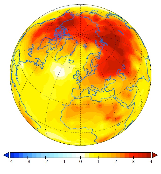 Figure 1: Amplification factor of observed surface temperatures relative to the global mean surface temperature (from 1951-2017). The observations show a clear enhancement of warming In the Arctic region and across Siberia, Northern Canada and Alaska.