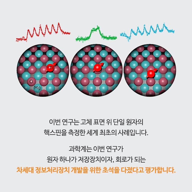 이번 연구는 고체 표면 위 단일 원자의 핵스핀을 측정한 세계 최초의 사례입니다. 과학계는 이번 연구가 원자 하나가 저장장치이자, 회로가 되는 차세대 정보처리장치 개발을 위한 초석을 다졌다고 평가합니다.