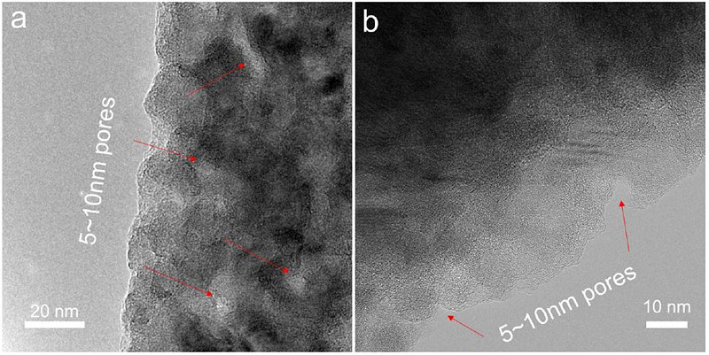 다공성 실리콘 나노와이어의 고해상도 투과전자현미경 이미지. 5~10nm 크기의 구멍들이 위치한 것을 확인할 수 있다. (출처: ACS Nano)