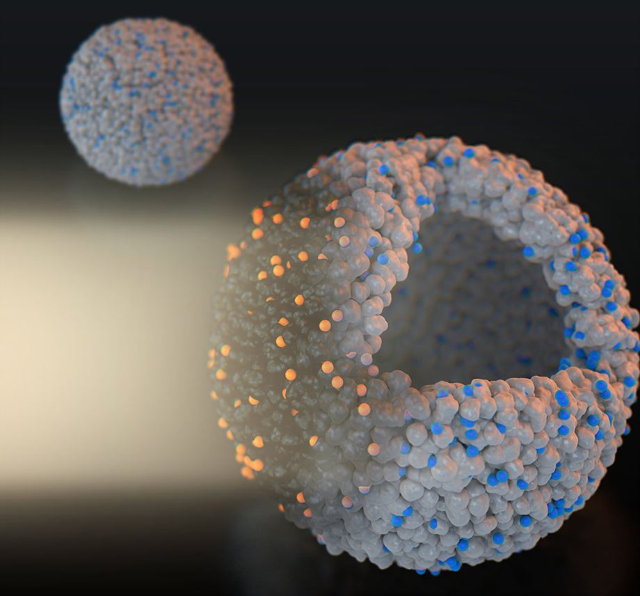 Figure 1: 3D image of TiO2 ball covered single copper atoms. It was crucial for this study to design site-specific single atom catalysts, since this single-atom structure directly mimics the structure of enzymes (made of single metal atoms and surrounding proteins).