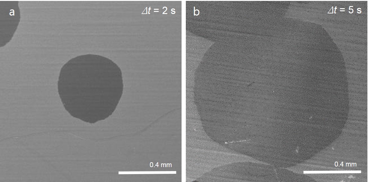 Figure 3. SEM images of graphene domains growing. They showed that 2 seconds was enough for a domain to grow to ~400 μm and that ~1 mm domains were formed after 5 seconds. The statistical growth rate is more than three orders of magnitude faster than typical graphene growth and three times faster than the previous record realized with a continuous oxygen supply.