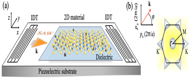 Figure 1: System schematic. Two interdigital transducers (IDTs) generate and detect surface acoustic waves (SAWs, orange arrow). In-between the IDTs, these waves interact with the electrons of a 2D material, such as molybdenum disulfide (MoS2), giving rise to conventional and unconventional acoustoelectric currents. MoS2 is separated from the piezoelectric substrate by a dielectric layer.