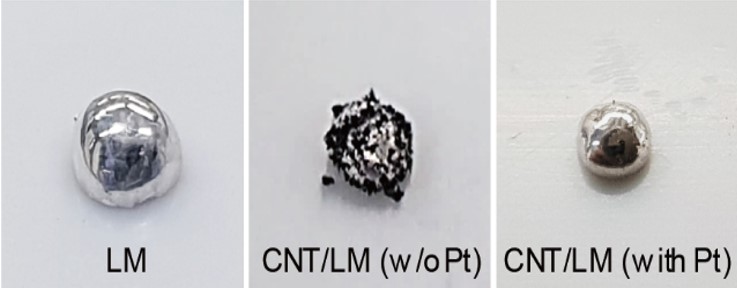 Figure 1-2 Photographs of liquid metal (left), liquid metal with carbon nanotubes without platinum (Pt) (middle), stretchable metal composite with Pt decoration on the surface of carbon nanotubes (right). Platinum (Pt) enables the uniform dispersion of carbon nanotubes in liquid metal matrix.