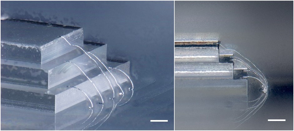 Figure 3-1 Stereoscopic micrographs of stretchable metal composites printed on an electronic chip-like 3D structure of soft material (silicone rubber). Scale bars are 100 µm.