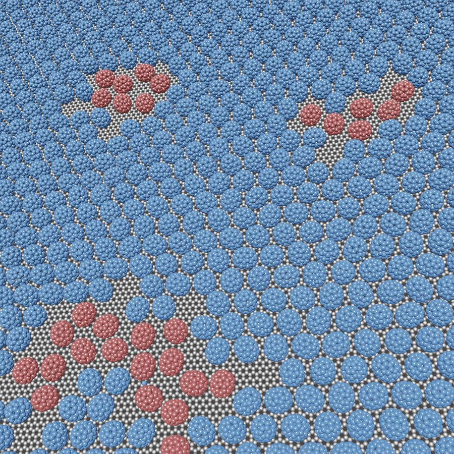 풀러린 고체 결정에서 액체로의 상전이 현상을 나타낸 모식도. 각 구형의 개체는 풀러린 분자를 나타내며, 규칙적이고 파란 영역은 고체이고 불규칙적이고 빨간 영역은 액체이다.
