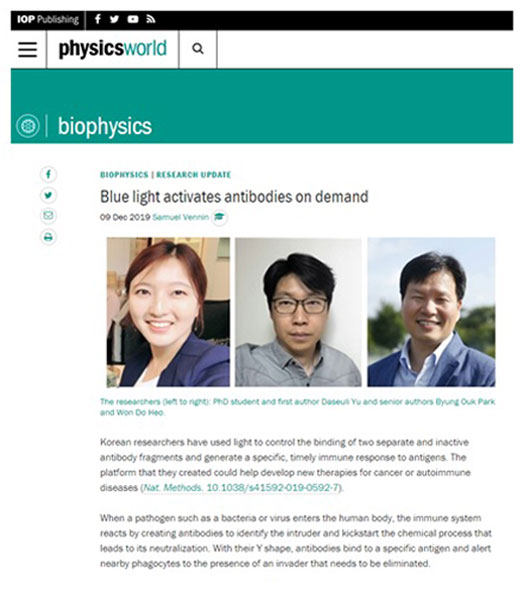 IBS research team led by Professor HEO Won Do highlighted by physicsworld