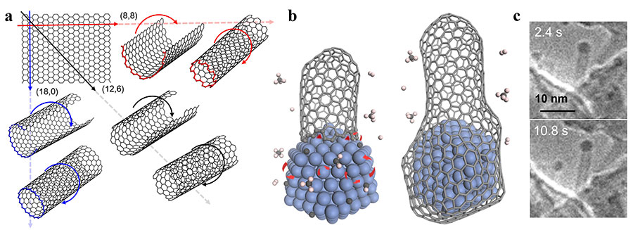 Figure 1. (a) Carbon nanotubes (CNTs) could be viewed as single-atom layer thick graphene sheets rolled into a cylinder. Different directions of rolling determine CNTs’ properties. (b) Schematic diagram showing a carbon nanotube’s lifetime during chemical vapor deposition synthesis. Transition metals (blue structure) serve as catalysts, critical to elongate the CNT (left), until the carbon concentration on the catalyst surface becomes so abundant that the nanoparticle gets encapsulated by graphitic or amorphous carbon, forming a “cap” at the end of the cylinder and ending the growth of the CNT (right). (c) Environmental transmission electron microscope images of a CNT taken at different times during growth. The CNT contains a cobalt nanoparticle on its top end, a typical feature of tip-growth.