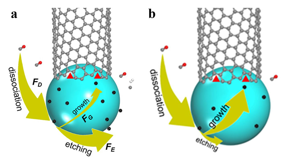 Figure 2. The model for carbon nanotube (CNT) growth in the (a) presence and (b) absence of sufficient etching agents. In (a) most dissociated carbon atoms are taken away from the catalyst surface by etching agents and the CNT growth will depend on the number of active sites (red triangles) or the structure of the CNT. In (b), in the absence of etching agent, every decomposed carbon atom has to be a part of the CNT, and therefore, the number of active sites or the structure of the CNT has no impact on the growth rate, but will affect the duration of CNT’s grow.