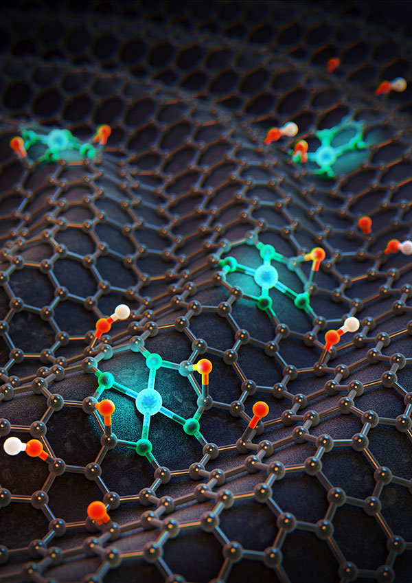 Figure 1: 3D image of single cobalt atoms on nitrogen-doped graphene. (Credit: Cube3D Graphic)