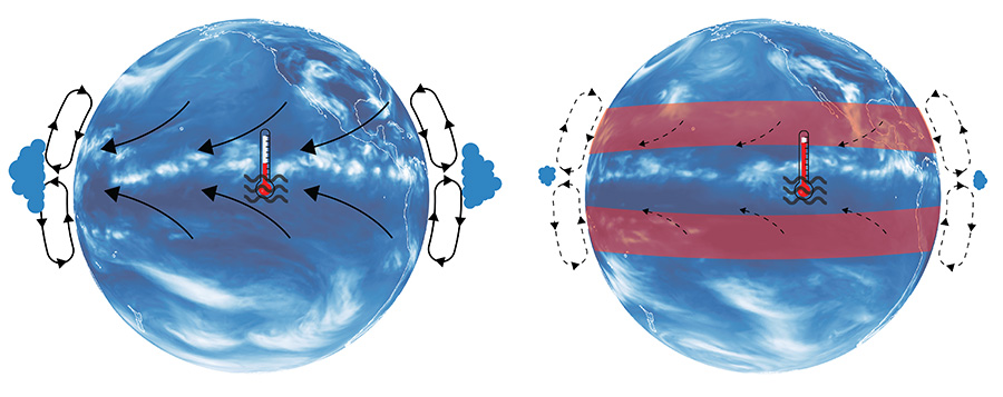 Illustration of atmospheric Hadley cell under present-day conditions (left). Subtropical warming leads to a weakening of the Hadley cell (right), less clouds in most of the tropics, a reduction in the upwelling of cold ocean water, and a resulting increase in tropical temperatures. This process explains the accelerated tropical warming found in climate models in response to increase greenhouse gas emissions. (Credit: Elke Zeller)