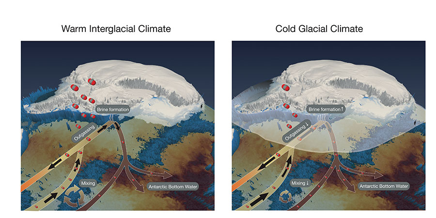 Schematic of Southern Ocean sea ice processes that effect the exchange of carbon between the atmosphere and ocean.