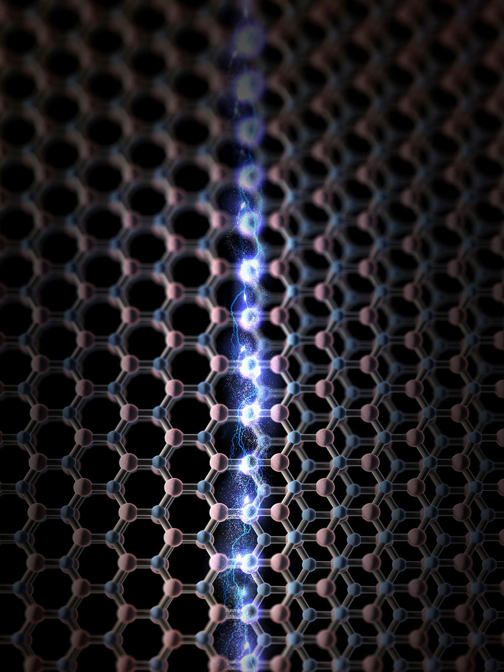 Figure 2. A conducting channel forms at the stacking boundary of hexagonal boron nitride (hBN) sheet which appears to be stitched together with oblong hexagonal rings. It joins an arrangement of all nitrogen atoms lying above boron atoms, and all boron atoms lying above nitrogen atoms in perfectly aligned positions (left side of the channel) and another configuration where half of the atoms lie over the center of the rings of the lower sheet, and the other half overlap with the atoms underneath (right side of the channel).