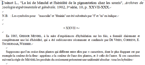 1902년에 Archives de zoologie expérimentale et générale에 “멘델의 법칙과 생쥐의 색소 유전”이라는 제목으로 발표된 뤼시앵 큐놋의 논문.