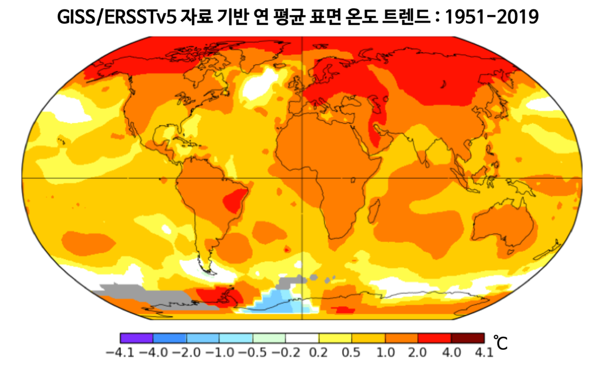 1951년부터 2019년까지 지구 표면의 온도 변화를 관측한 결과. 색이 붉을수록 온도가 많이 상승했다는 의미로 북극 지역의 온도가 유독 많이 상승했음을 알 수 있다. 회색은 누락 값을 나타낸다.(출처: NASA)