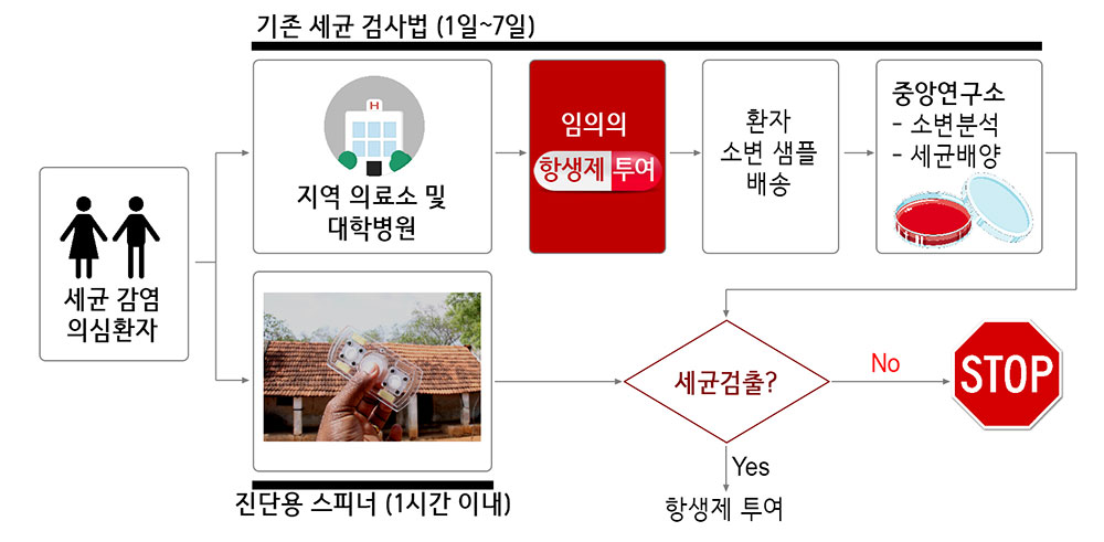 ▲ 기존의 세균 검출 과정(위)과 진단용 스피너(아래)를 이용한 진단 비교