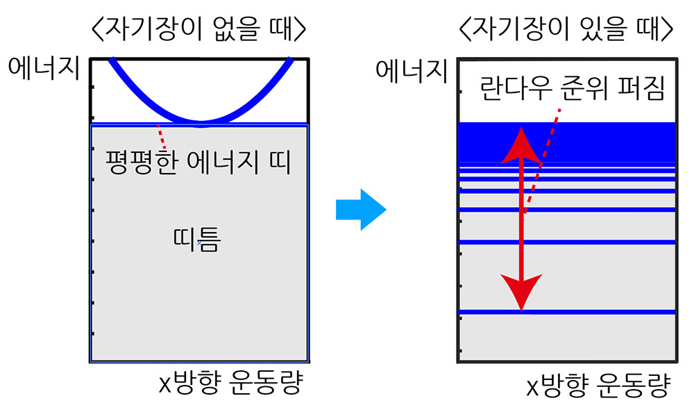 [그림 4] 자기장 하에서 평평한 에너지띠의 란다우 준위 변화