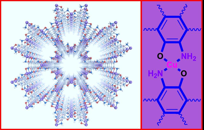 Figure 1: The structure of the Cu3(TABTO)2-MOF (carbon, nitrogen, oxygen, hydrogen, and copper atoms are gray, blue, red, white, and purple, respectively).