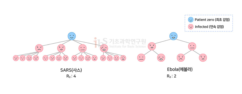 그림 3. 기초감염재생산수(R0)는 첫 감염자가 평균적으로 감염시킬 수 있는 2차 감염자의 수를 의미한다. R0값이 1보다 크면 전염병이 확산됨을 의미한다.