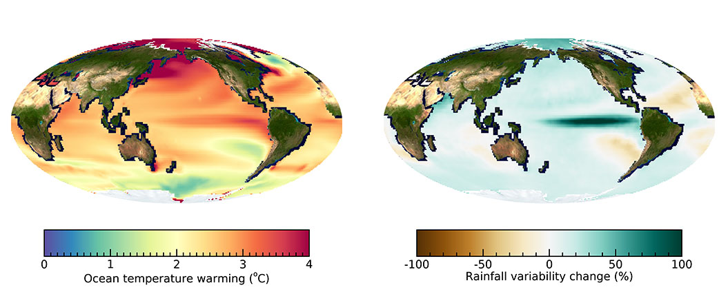 Global ocean warming pattern and change in year-to-year rainfall variability. (Left)