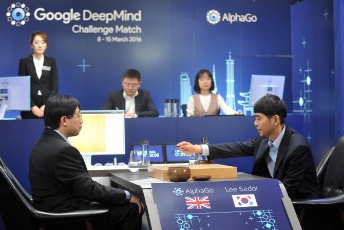 Lee Sedol (right) playing his first move against Google DeepMind’s AlphaGo in 2016.