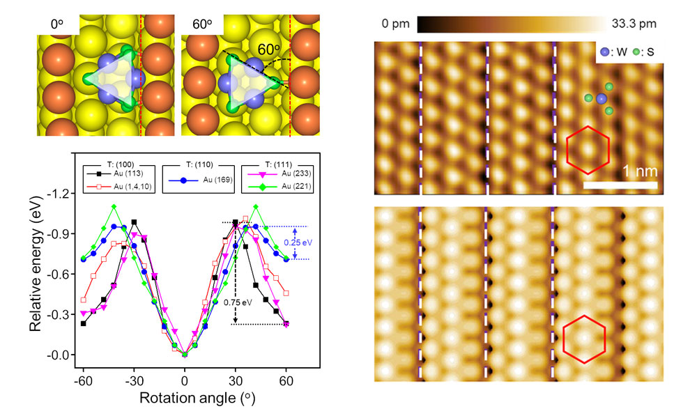 [그림 2] 다양한 금 표면에서 WS2 클러스터 회전각도에 따른 흡착 에너지 계산결과 및 실험적으로 측정된 단결정 WS2의 주사터널링현미경 이미지