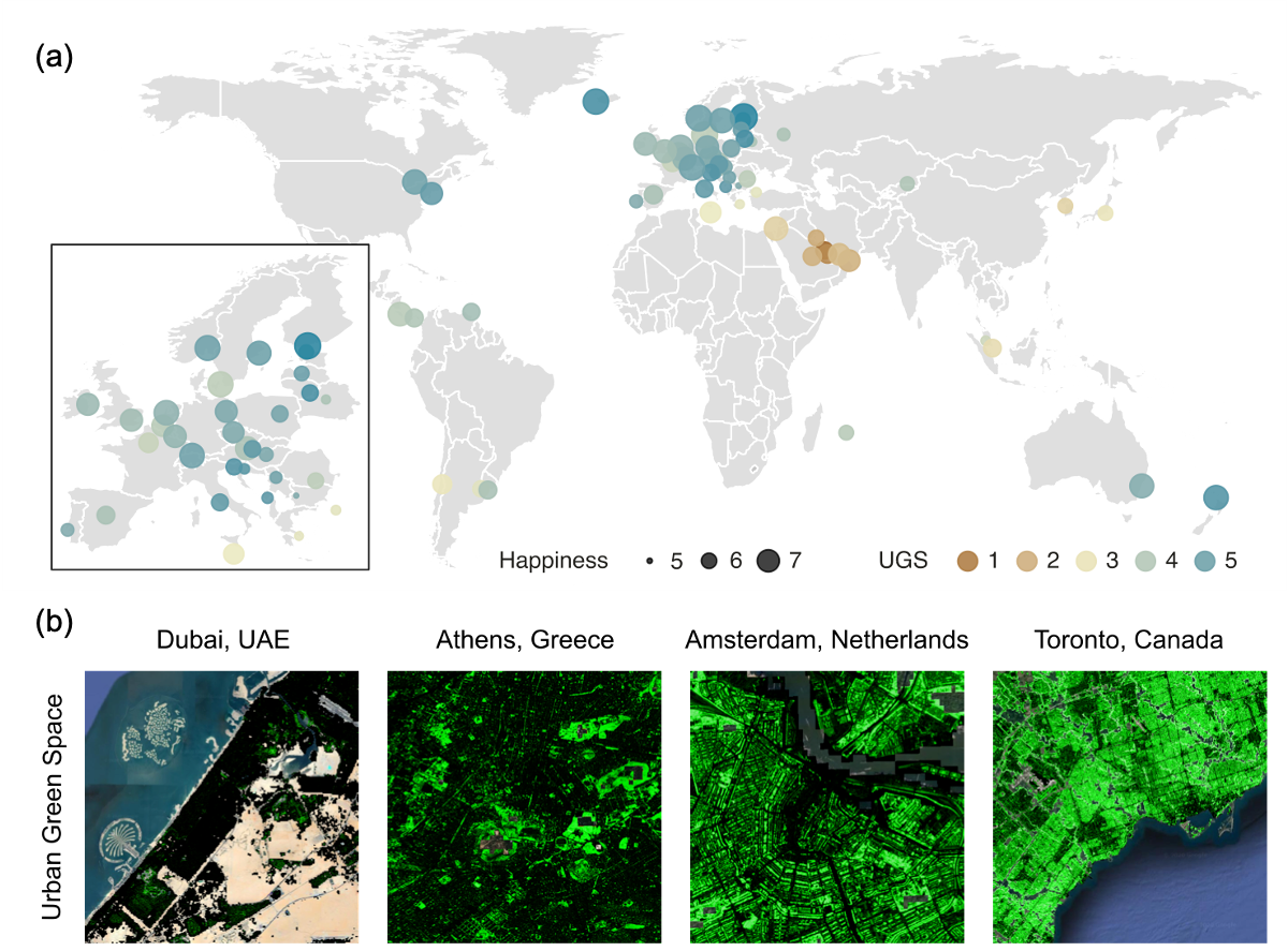 (a) The map of urban green space and happiness in 60 developed countries. The size and color of circles represent the level of happiness and urban green space in a country, respectively. The markers are placed on the most populated cities of each country.  (b) Urban green space is measured by the UGS in four world cities. The green areas indicate the adjusted NDVI per capita (i.e., UGS) for every 10m by 10m pixel.