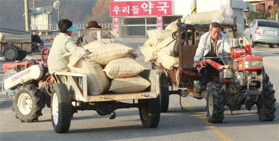 경운기에 쌀포대를 싣고 가는 사진